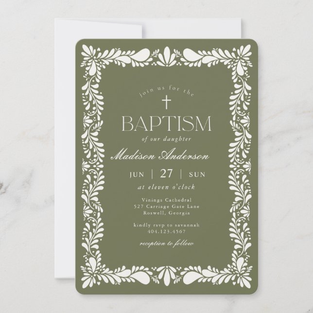 Green Talavera Tile Spanish Fiesta Baptism Invitation (Front)