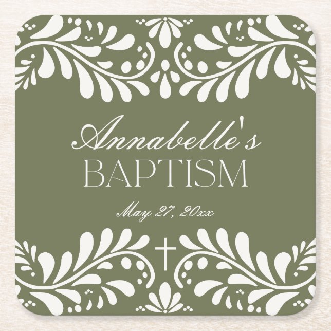 Green Talavera Tile Spanish Fiesta Baptism Square Paper Coaster (Front)