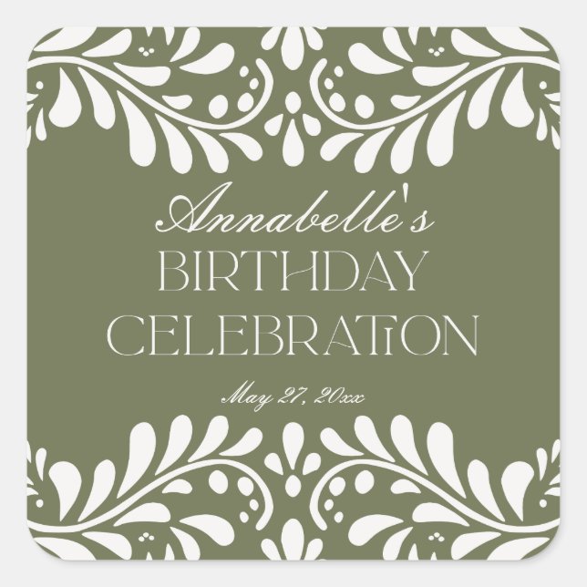 Green Talavera Tile Spanish Fiesta Birthday Favour Square Sticker (Front)