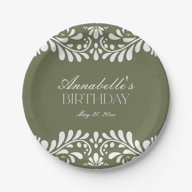Green Talavera Tile Spanish Fiesta Birthday Paper Plate (Front)