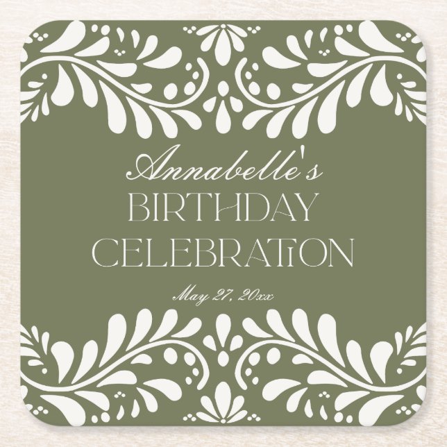 Green Talavera Tile Spanish Fiesta Birthday Party Square Paper Coaster (Front)