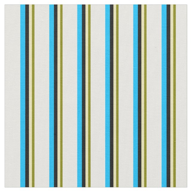 Green, Tan, Black, Deep Sky Blue, and White Lines Fabric (Close Up)