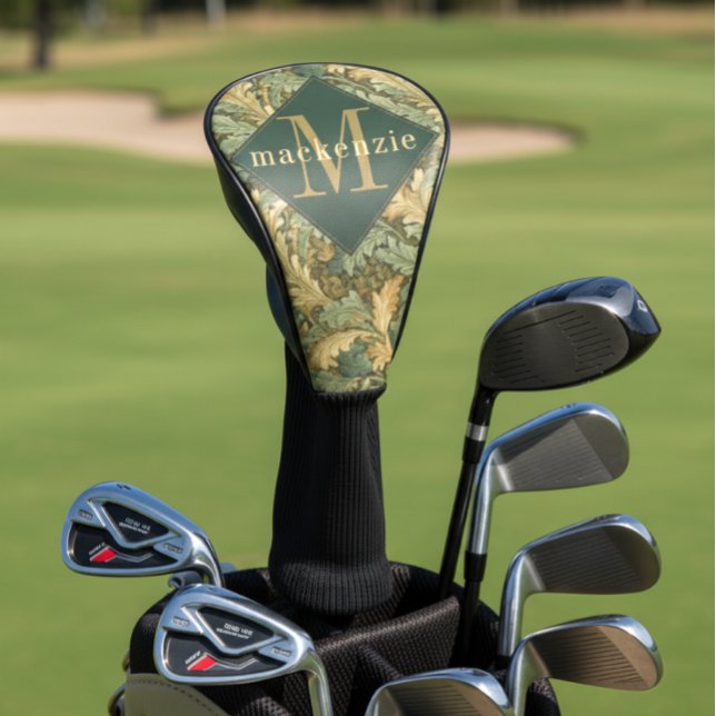 Green Tan Foliage William Morris Elegant Monogram Golf Head Cover (Creator Uploaded)
