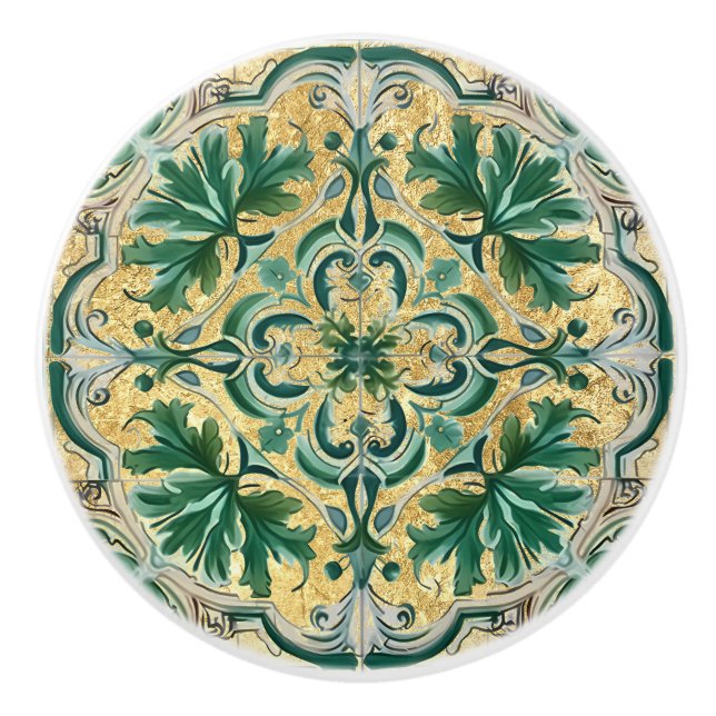 Green Tan Gold Look Talavera Azulejo Tile Ceramic Knob (Front)