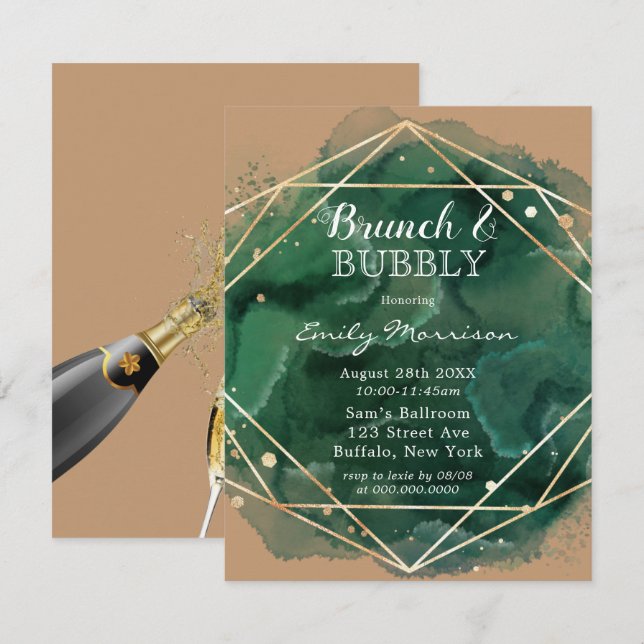 Green Tan Gold Watercolor Brunch & Bubbly  Invitation (Front/Back)
