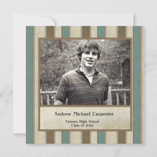 Green Tan Striped Photo Card Invitation (Front)