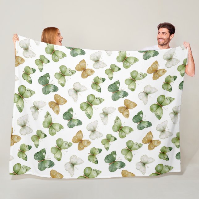 Green Tan White Butterflies Fleece Blanket (In Situ)