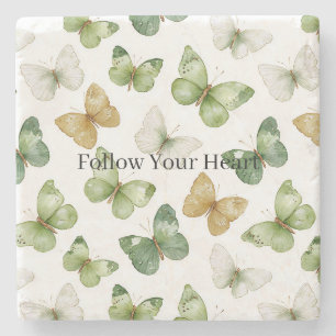 Green Tan White Butterflies Stone Coaster