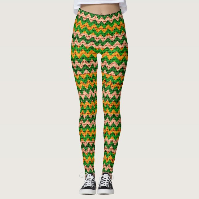 Green Tan Yellow Chevron Pattern Burlap Look Leggings (Front)