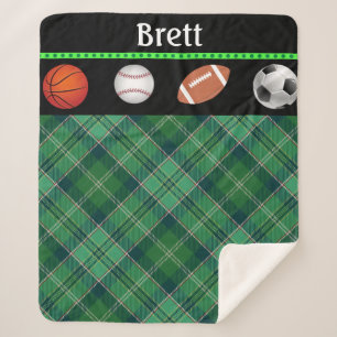Green Tartan Basketball Baseball Football Soccer Sherpa Blanket