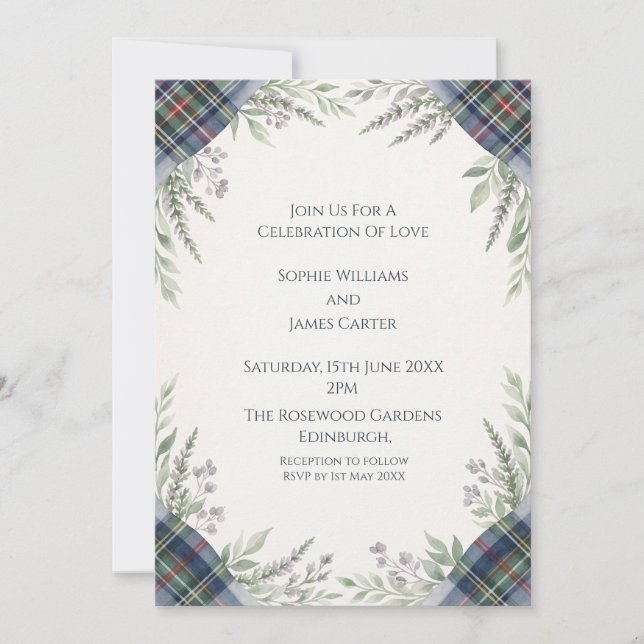 Green Tartan Botanical Wedding Invitation (Front)