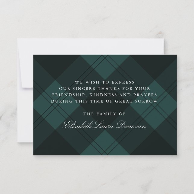 Green Tartan Classic Funeral Sympathy Thank You Invitation (Front)
