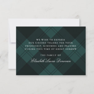Green Tartan Classic Funeral Sympathy Thank You Invitation