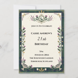 Green Tartan Crest 21st Birthday Invitation