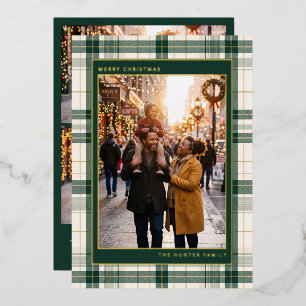 Green Tartan Frame Merry Christmas Family Photo Foil Holiday Card