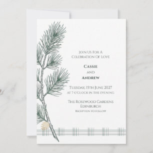 Green Tartan Gold Pinecone Scottish Wedding Invitation