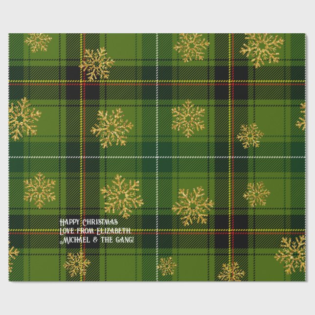 Green Tartan Gold Snowflake Personalised Christmas Wrapping Paper (Flat)