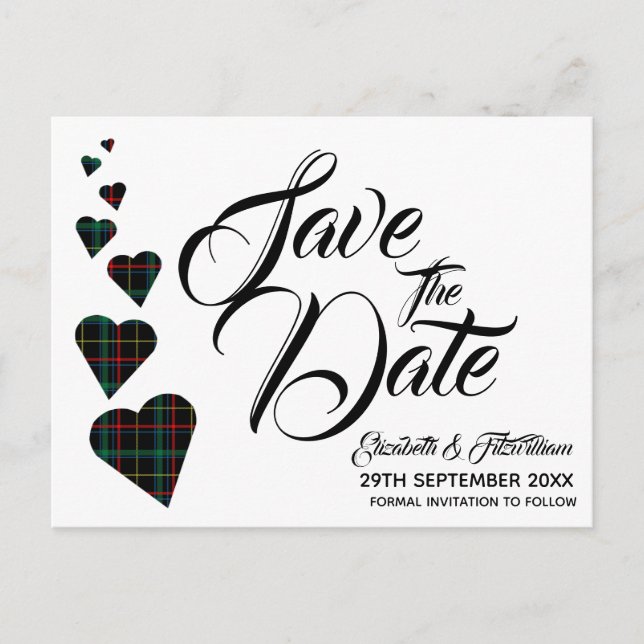 Green Tartan Heart Save the Date Postcard (Front)