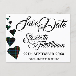 Green Tartan Hearts Save the Date Postcard