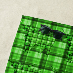 Green Tartan Highland Cow, Beach Towel