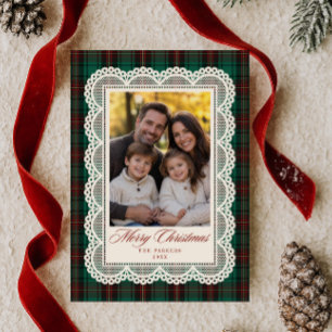 Green Tartan Lace Frame Merry Christmas Photo Holiday Card