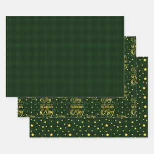 Green Tartan Metallic Glory to Newborn King Stars Wrapping Paper Sheet