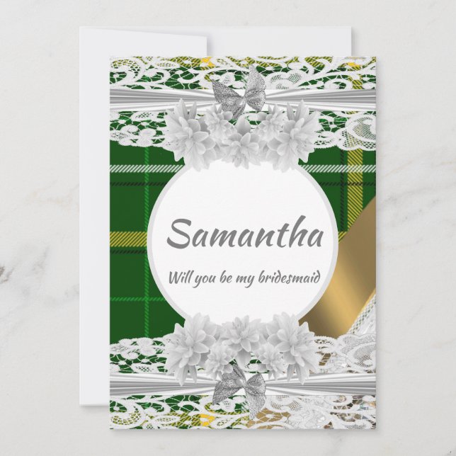 Green tartan plaid bridesmaid invitation (Front)