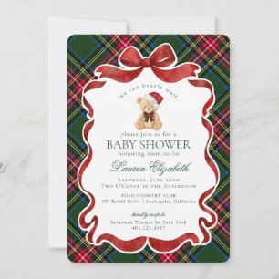 Green Tartan Plaid Christmas Bear Baby Shower Invitation