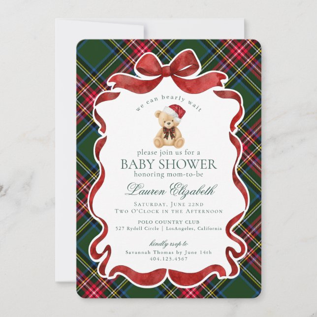 Green Tartan Plaid Christmas Bear Baby Shower Invitation (Front)