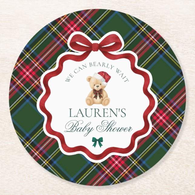 Green Tartan Plaid Christmas Bear Baby Shower  Round Paper Coaster (Front)