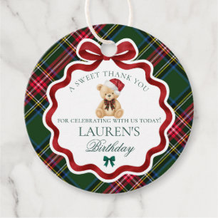 Green Tartan Plaid Christmas Bear Birthday Circle Favour Tags