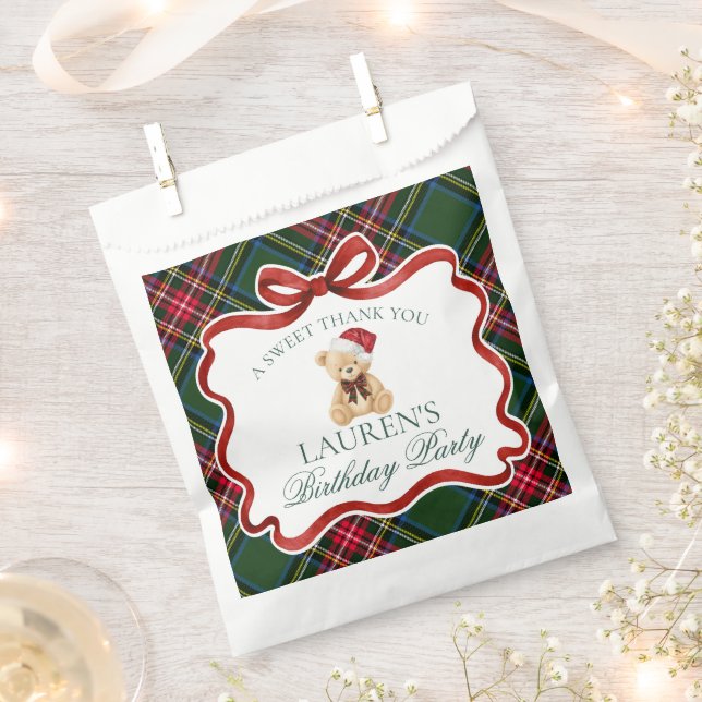 Green Tartan Plaid Christmas Bear Birthday Dessert Favour Bags (Clipped)