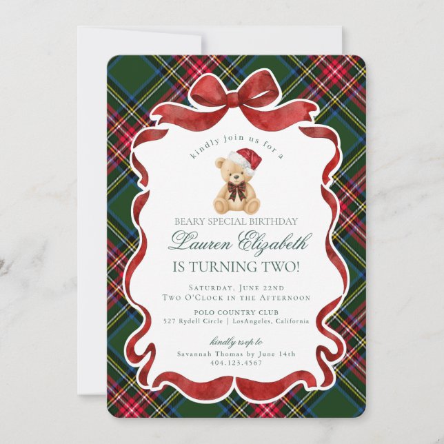 Green Tartan Plaid Christmas Bear Birthday Invitation (Front)