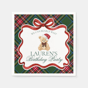 Green Tartan Plaid Christmas Bear Birthday Party Napkin