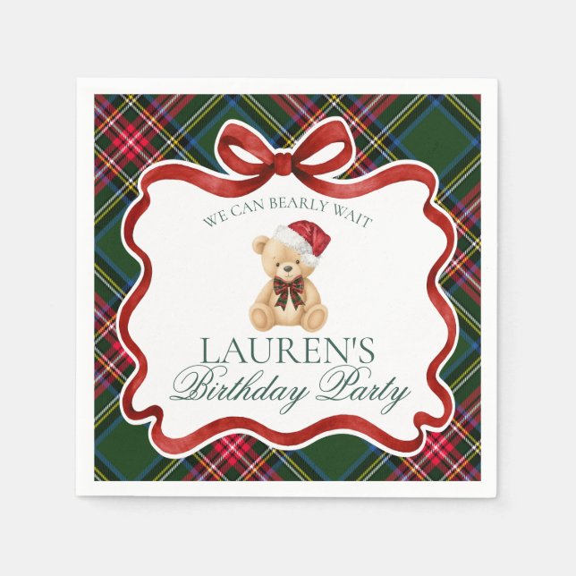 Green Tartan Plaid Christmas Bear Birthday Party Napkin (Front)