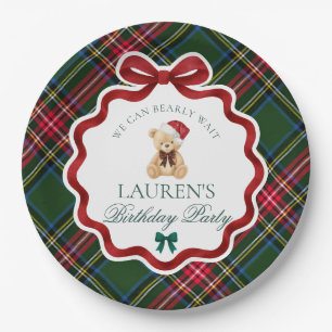 Green Tartan Plaid Christmas Bear Birthday Party  Paper Plate