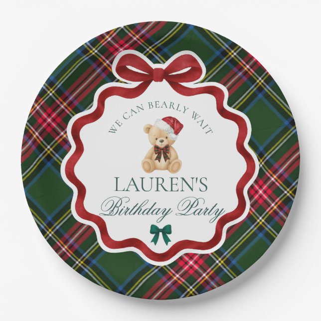 Green Tartan Plaid Christmas Bear Birthday Party  Paper Plate (Front)