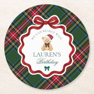 Green Tartan Plaid Christmas Bear Birthday Party Round Paper Coaster