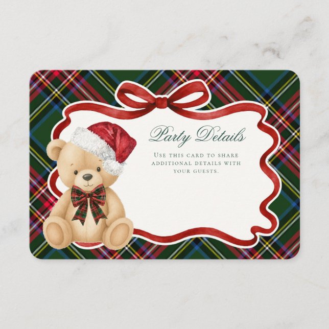 Green Tartan Plaid Christmas Bear Details Enclosure Card (Front)