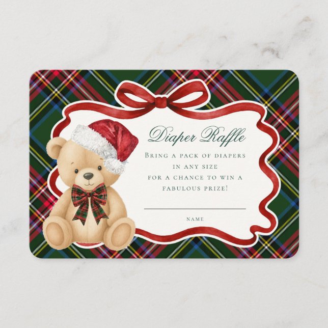 Green Tartan Plaid Christmas Bear Diaper Raffle Enclosure Card (Front)