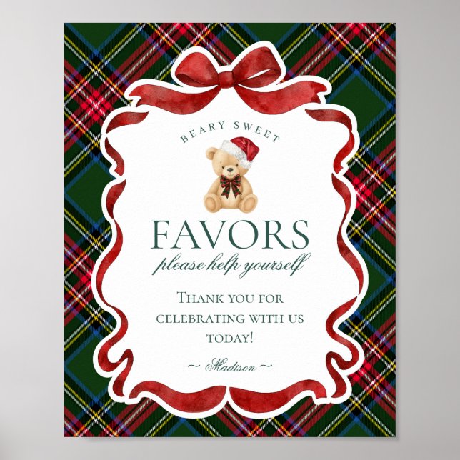 Green Tartan Plaid Christmas Bear Party Favor Sign (Front)