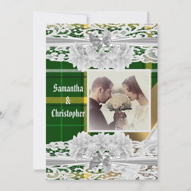 Green tartan plaid lace wedding photo invitation (Back)