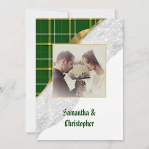 Green tartan plaid lace wedding photo invitation