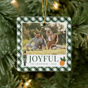 Green Tartan Plaid Nutcracker Joyful Family Photo Ceramic Ornament