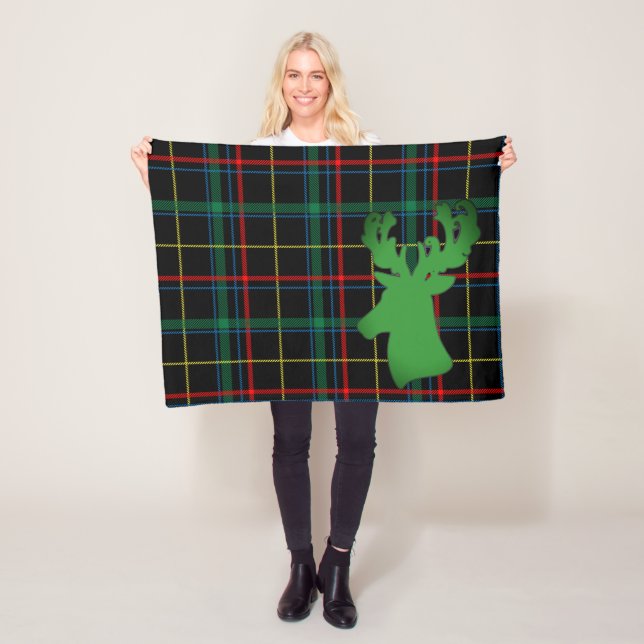 Green Tartan Plaid Pattern with Deer Silhouette Fleece Blanket (In Situ)