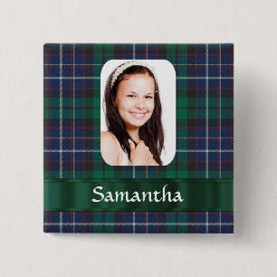 Green tartan plaid photo template 15 cm square badge