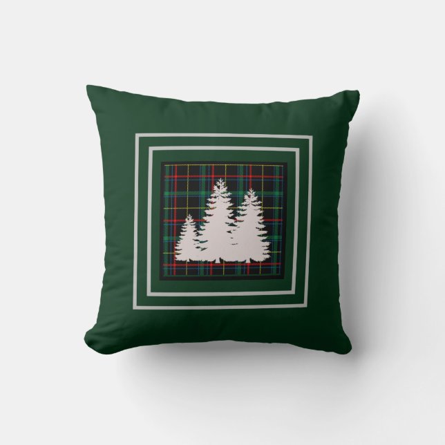 Green Tartan  Plaid Pine Tree  Silhouette Cushion (Front)