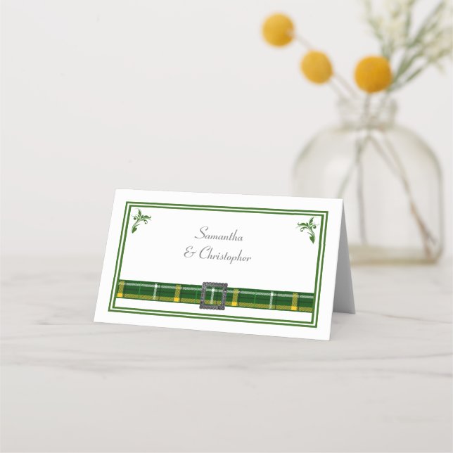 Green tartan plaid wedding place card (Front)