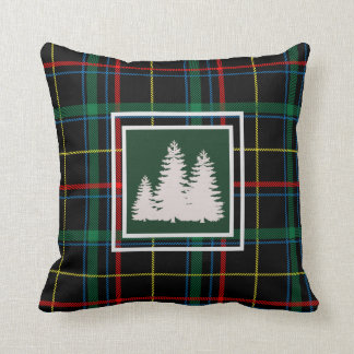 Green Tartan Plaid white Pine Tree Silhouette Cushion