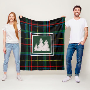 Green Tartan Plaid & White Pine Tree Silhouette Fleece Blanket